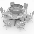 Hexagonal Office Desk Setup With Multiple Computer Monitors And Green Chairs