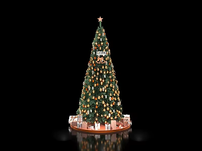 Festive Christmas Tree Decorated With Gold Ornaments And Gift Boxes With Star On Top 3d model
