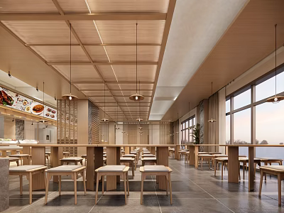 Modern Restaurant Interior With Wooden Ceiling Pendant Lights And Large Windows Tables Stools 3d model