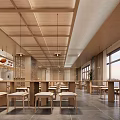 Modern Restaurant Interior With Wooden Ceiling Pendant Lights And Large Windows Tables Stools