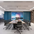 Modern Conference Room With Long Table Black Chairs Large Screen Blue Walls And Bookshelves