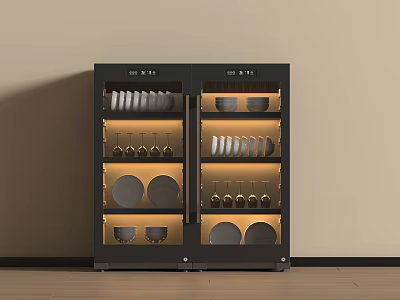 Modern Black Kitchen Appliance With Double Door And Illuminated Dinnerware Storage 3d model