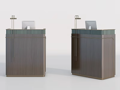 Two Modern Wooden Reception Desks With Dark Brown Finish Top Trim And Monitors 3d model