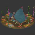 Cartoon Scene of Blue Tiled Roof Cottage Surrounded by White Birch Trees and Yellow Flowers with Stones