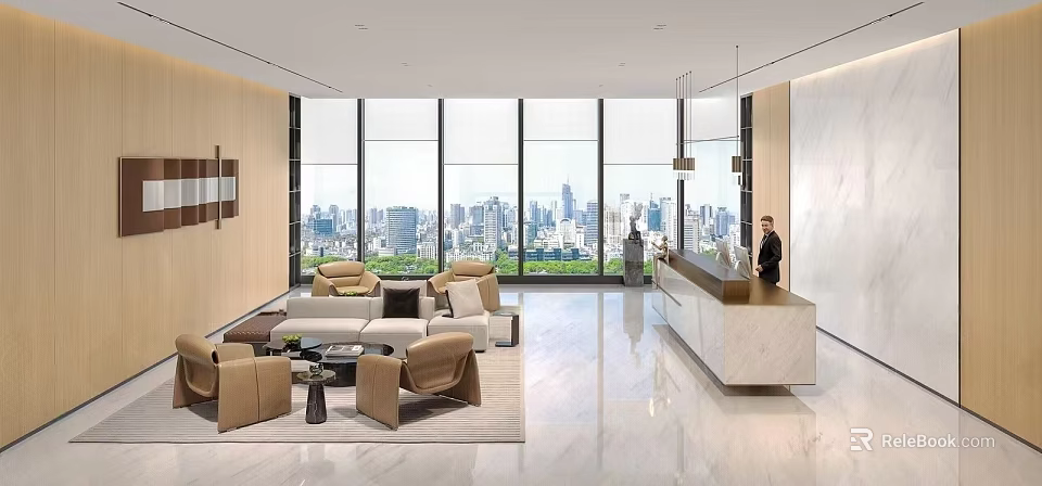 Elegant Modern Office Reception Space With Comfortable Waiting Lounge And Stunning Panoramic City View 3d model 