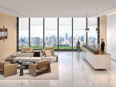 Elegant Modern Office Reception Space With Comfortable Waiting Lounge And Stunning Panoramic City View 3d model