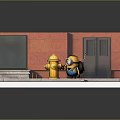 Minion Character Standing By Yellow Fire Hydrant Near Red Building With Double Doors On Sidewalk