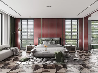 Modern Bedroom Interior With Red Paneled Wall Geometric Flooring And Floor To Ceiling Windows 3d model
