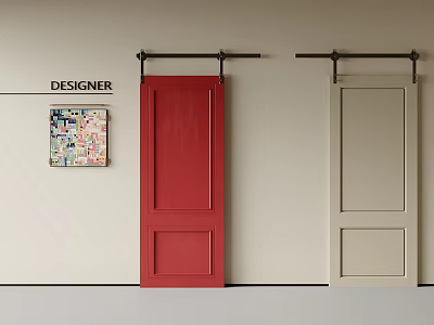 Designer Sliding Barn Doors In Red And Beige With Collage Art On Wall 3d model