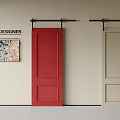 Designer Sliding Barn Doors In Red And Beige With Collage Art On Wall