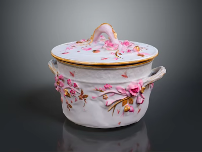Porcelain Covered Pot With Pink Floral Decorations Gold Accents And Side Handles 3d model