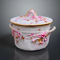 Porcelain Covered Pot With Pink Floral Decorations Gold Accents And Side Handles