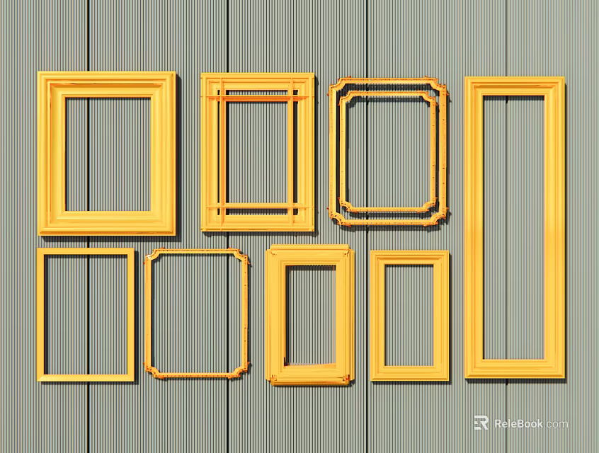 Yellow Picture Frames Wall Decor with Different Shapes and Sizes on Gray Striped Background 3d model 