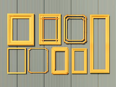 Yellow Picture Frames Wall Decor with Different Shapes and Sizes on Gray Striped Background 3d model