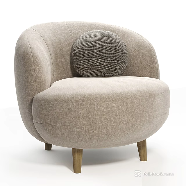 Modern Light Beige Fabric Upholstered Single Sofa With Round Cushion And Wooden Legs 3d model 