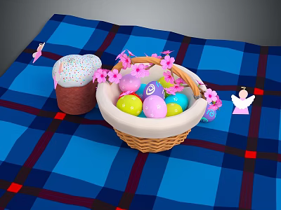 Decorative Ornament Set with Wicker Basket Colorful Eggs Pink Flowers Cake and Little Angel 3d model