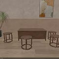 Modern Wooden Coffee Table With Round Stools Abstract Painting Potted Plant And Floor Lamp