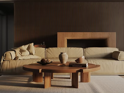 Beige Three Seater Sofa With Pillows Against Wooden Wall And Coffee Table With Vase Books 3d model