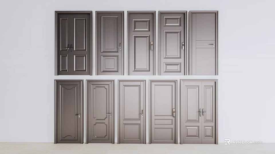 Gray Swing Doors with Various Panel Designs and Styles for Home Interior 3d model