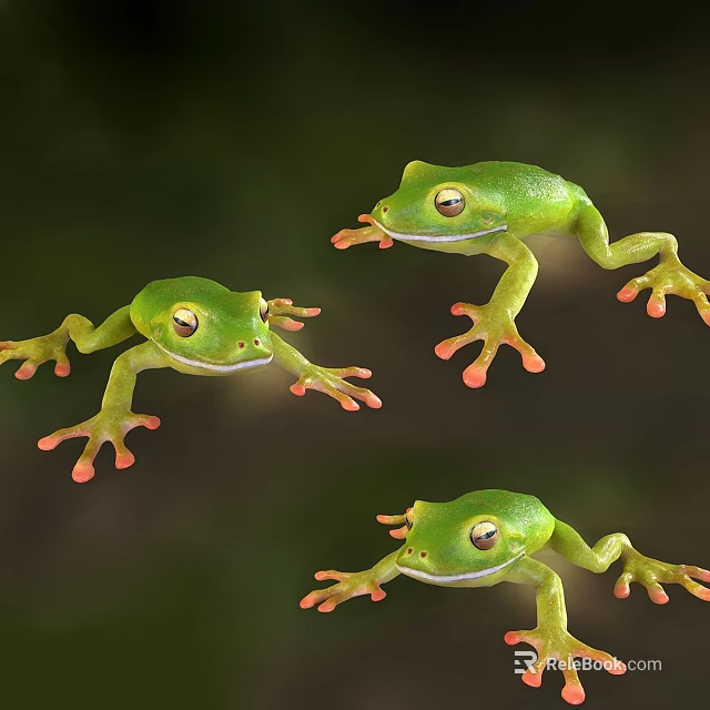 Three Green Reptiles With Large Eyes And Orange Toes On Natural Background 3d model 
