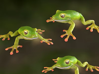 Three Green Reptiles With Large Eyes And Orange Toes On Natural Background 3d model