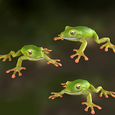 Three Green Reptiles With Large Eyes And Orange Toes On Natural Background 3d model