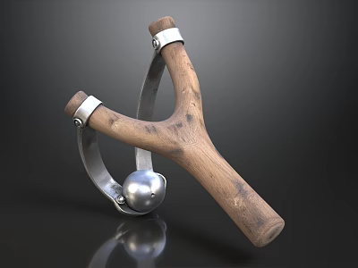 Wooden Slingshot With Metal Frame Handle And Shiny Silver Metal Ball 3d model