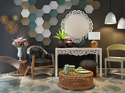 Modern Leisure Chair In Living Room With Hexagonal Wall Decor Round Mirror Wicker Coffee Table And Green Plants 3d model