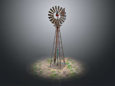 Vintage Metal Windmill With Tall Tower Structure On Grass Field Base 3d model