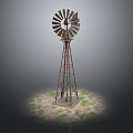 Vintage Metal Windmill With Tall Tower Structure On Grass Field Base 3d model