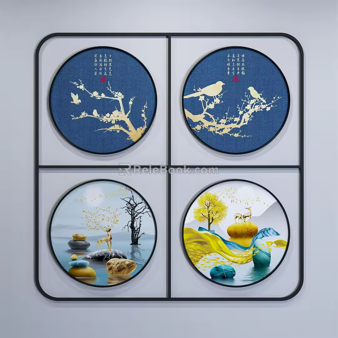 New Chinese Style Round Frame Painting Round Painting 3d model
