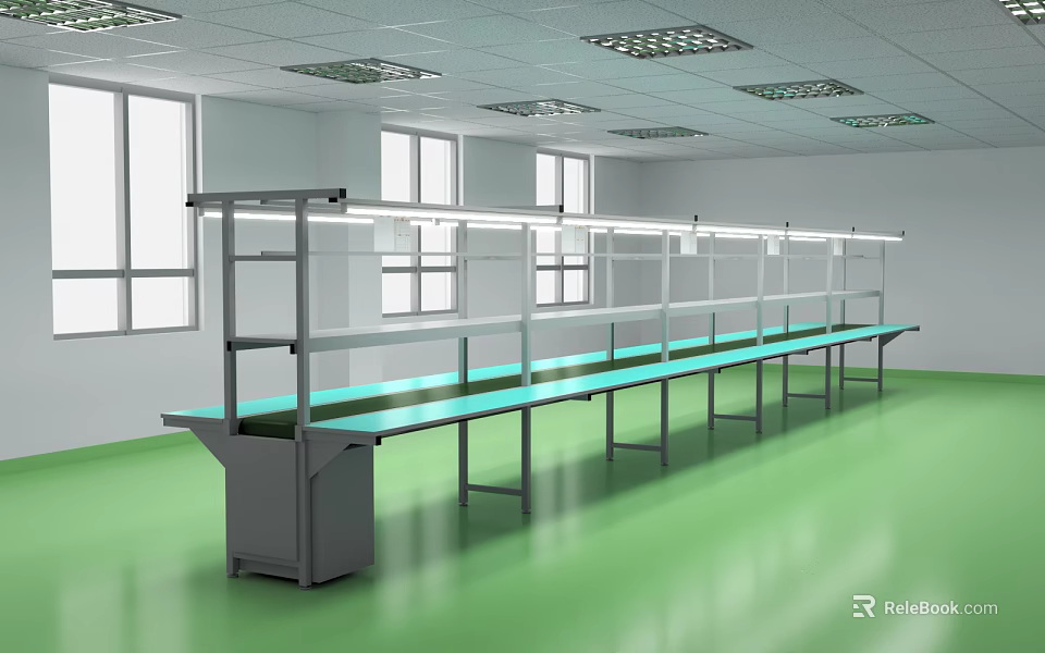 Industrial Workshop Interior With Long Green Workbench Windows And Ceiling Lights 3d model 