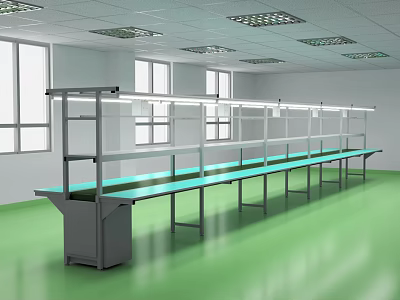 Industrial Workshop Interior With Long Green Workbench Windows And Ceiling Lights 3d model