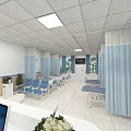 Spacious Hospital Ward Interior With Blue Curtains White Beds And Medical Equipment