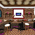 KTV Lounge With Brick Walls Barrel Ceiling Bar Counter TV Screens Dartboard And Wooden Floor