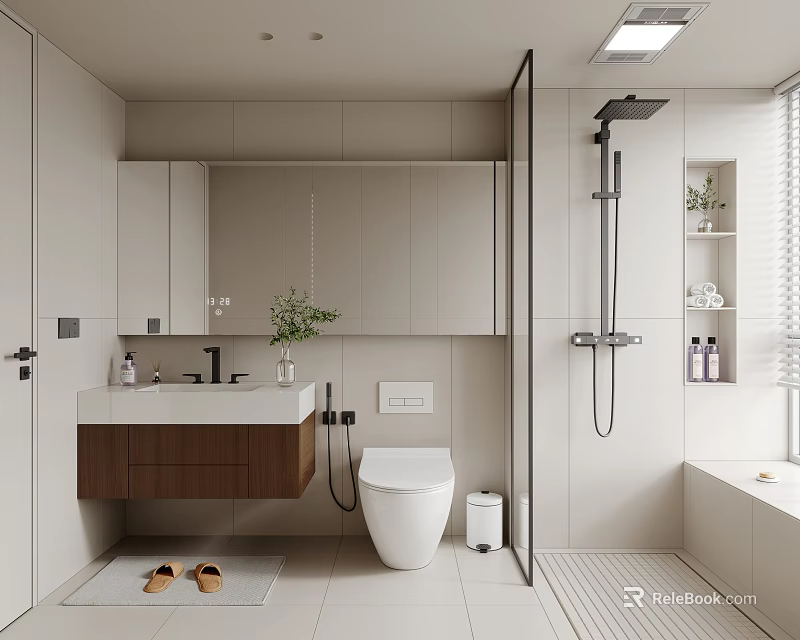 Modern Minimalist Bathroom Interior With Vanity Mirror Cabinet Toilet Shower Area And Light Tile Floor 3d model 