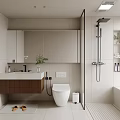 Modern Minimalist Bathroom Interior With Vanity Mirror Cabinet Toilet Shower Area And Light Tile Floor