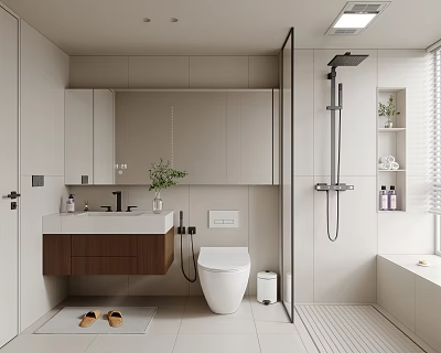 Modern Minimalist Bathroom Interior With Vanity Mirror Cabinet Toilet Shower Area And Light Tile Floor 3d model