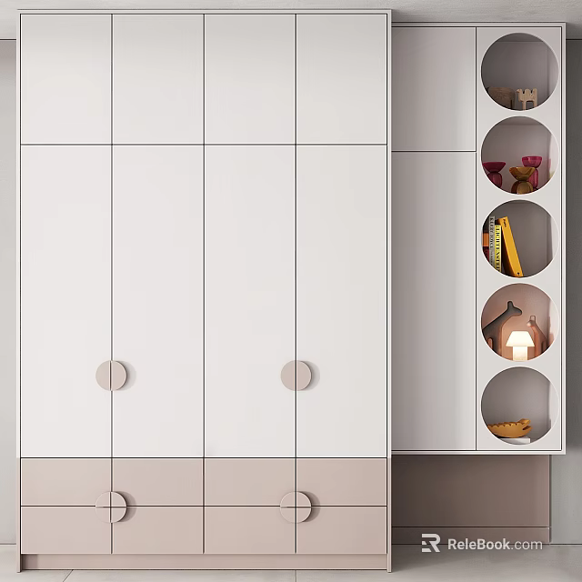 Modern White and Light Gray Wardrobe with Circular Handles and Open Shelves Storage Design 3d model 