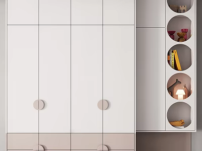 Modern White and Light Gray Wardrobe with Circular Handles and Open Shelves Storage Design 3d model