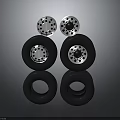 High Performance Automotive Parts With Stacked Black Tires And Polished Silver Wheels
