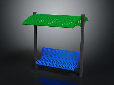 Durable Outdoor Blue Bench Featuring Green Canopy Metal Frame Grid Design 3d model