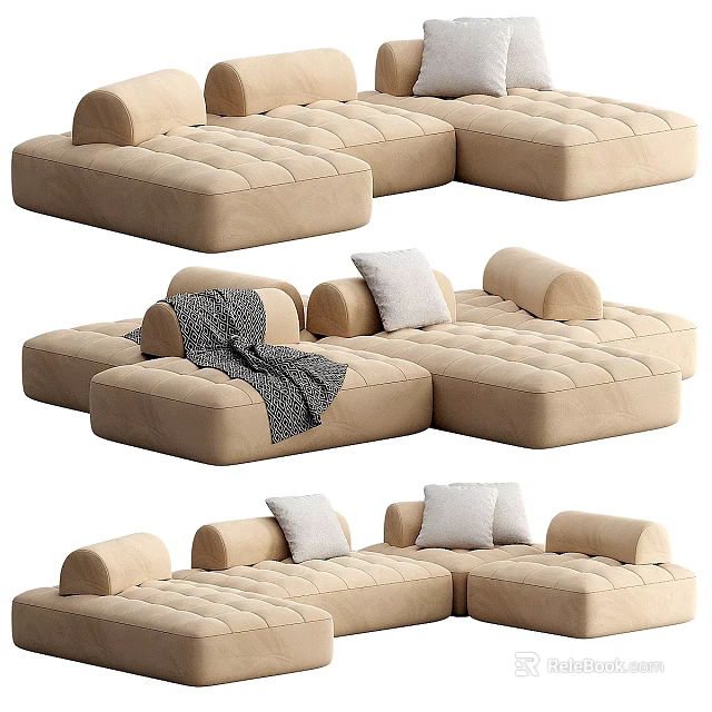 Beige Sectional Sofa With Tufted Cushions And Throw Pillows In Different Angles 3d model 
