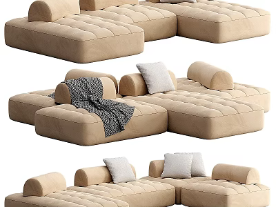 Beige Sectional Sofa With Tufted Cushions And Throw Pillows In Different Angles 3d model