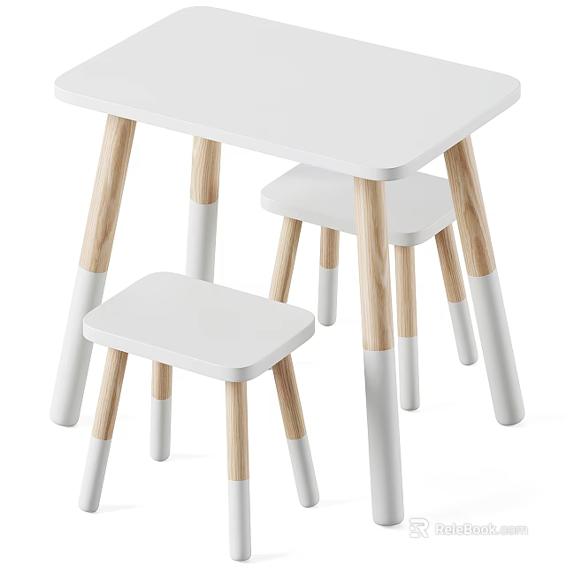 Kids Table with Matching Stools White Tabletop and Natural Wood Legs Simple Modern Design 3d model 