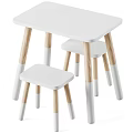 Kids Table with Matching Stools White Tabletop and Natural Wood Legs Simple Modern Design