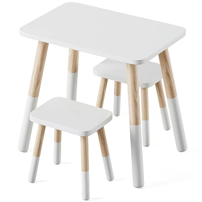 Kids Table with Matching Stools White Tabletop and Natural Wood Legs Simple Modern Design 3d model
