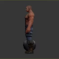 Muscular Game Character With Mechanical Arm Striped Pants And Iron Ball Weapon