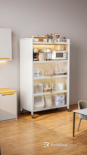 White Rolling Kitchen Storage Cabinet With Shelves And Appliances 3d model 