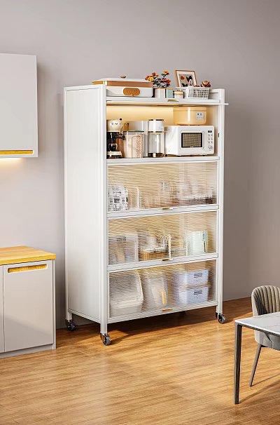 White Rolling Kitchen Storage Cabinet With Shelves And Appliances 3d model